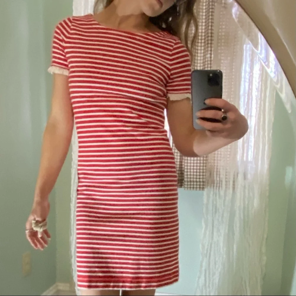 J. Crew Striped Tshirt Dress Ruffle Sleeve Preppy Nautical Casual 4th of‎ July